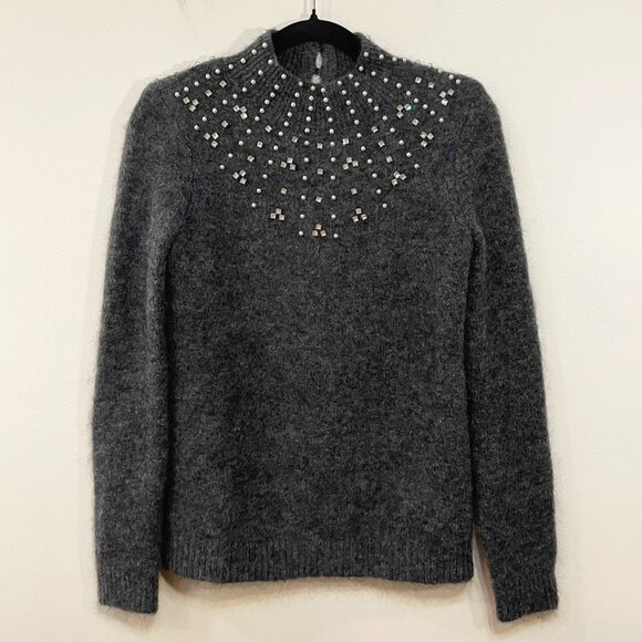 EUC Sezane Regina Rhinestone Pearl Mohair Wool Sweater Charcoal XXS - Picture 3 of 9